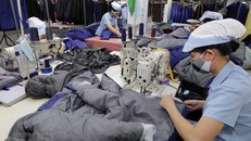 May hàng xuất khẩu sang thị trường châu Âu tại Công ty trách nhiệm hữu hạn may Đức Giang, Long Biên, Hà Nội. (Ảnh: Trần Việt/TTXVN)