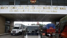 Các xe container chờ làm thủ tục xuất khẩu hàng nông sản tại cửa khẩu quốc tế đường bộ số II Kim Thành. Ảnh: Quốc Khánh/TTXVN