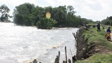 Nước biển đe dọa đê biển Tây Vàm Rầy ở Kiên Giang. (Ảnh: Lê Sen/TTXVN)