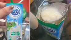 Khi cắt hộp sữa tươi Dutch Lady ra, chị Thảo đã phát hoảng khi nhìn thấy phần sữa bên trong hộp bị vón cục, bốc mùi hôi khó chịu dù nắp hộp sữa khi đó được dán kín, không hề có dấu hiệu bị thủng. (Ảnh do NVCC)