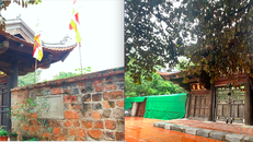 Bức tường bao ở cổng chùa Kim Liên trước và sau khi được trùng tu.