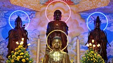 Bộ tượng Tây Phương Tam Thánh (phía sau tượng bằng đồng) được tạc từ 2 cây gỗ dâu ngàn năm tuổi nguyên khối.