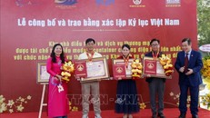Trao Bằng xác lập kỷ lục cho Khu nhà điều hành và dịch vụ thương mại được tái chế từ container có tổng diện tích lớn nhất, với chức năng hoàn chỉnh trong Khu dịch vụ du lịch cộng đồng. Ảnh: TTXVN 