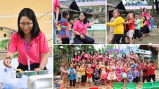 Chị Châu và các tình nguyện viên vui vẻ cùng các bé tại điểm trường Nà Nó