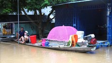 Nhiều nhà dân tại xóm Vĩnh Hoàn, xã Con Cuông bị ngập sâu khi nước sông Lam vẫn dâng cao. Ảnh: Xuân Tiến/TTXVN