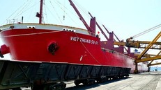 Tàu Việt Thuận 56-01 vào Cảng Cẩm Phả nhận tấn than đầu tiên của năm mới. (Ảnh: Nhân Dân)