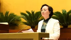 Bộ trưởng Bộ Nội vụ Phạm Thị Thanh Trà trình bày Tờ trình về dự án Luật Thi đua, khen thưởng (sửa đổi). (Ảnh: Tổ quốc)