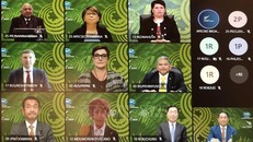 Bộ trưởng Ngoại giao Bùi Thanh Sơn cùng các đại biểu dự trực tuyến Hội nghị liên Bộ trưởng Ngoại giao - Kinh tế APEC lần thứ 32. Ảnh: Lâm Khánh/TTXVN