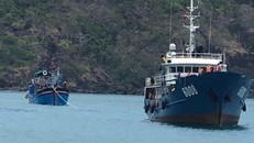 Tàu Cảnh sát biển lai dắt tàu cá gặp nạn. (Nguồn: vtv.vn)