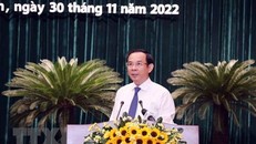 Ông Nguyễn Văn Nên, Ủy viên Bộ Chính trị, Bí thư Thành ủy Thành phố Hồ Chí Minh, phát biểu chỉ đạo Hội nghị. (Ảnh: Xuân Khu/TTXVN)