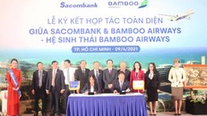 Bà Nguyễn Đức Thạch Diễm – thành viên HĐQT kiêm Tổng giám đốc Sacombank cùng ông Đặng Tất Thắng –Tổng giám đốc Bamboo Airways ký kết thỏa thuận hợp tác dưới sự chứng kiến của lãnh đạo hai bên