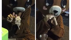 Cô gái trong bộ trang phục gấu bông. Ảnh cắt từ clip