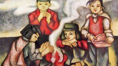 Tranh: Sưởi lửa (sơn mài). Ảnh: Nguyễn Thị Hiền