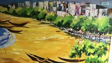 Bức tranh cho thấy một thành phố hiện đại nằm yên bình bên bờ biển