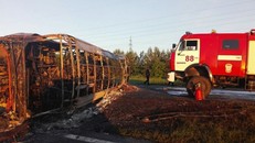 Xe buýt và xe tải cùng bị thiêu rụi tại hiện trường vụ tai nạn. Ảnh: Tass