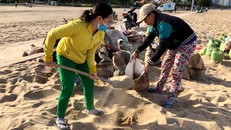 Người dân xúc đất trên bãi biển Nha Trang để chằng chống nhà cửa. Ảnh: Xuân Ngọc.