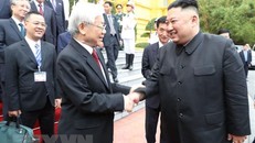 Tổng Bí thư, Chủ tịch nước Nguyễn Phú Trọng và Chủ tịch Triều Tiên Kim Jong-un. (Ảnh: Trí Dũng/TTXVN)
