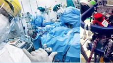 Bác sĩ Hiếu (ngoài cùng bên trái) và đồng nghiệp vui mừng khi cai ECMO thành công cho một bệnh nhân nặng tại ICU Bệnh viện Phổi Đà Nẵng. Ảnh Bác sĩ cung cấp.