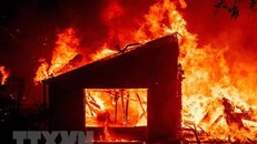 Một tòa nhà bốc cháy dữ dội do cháy rừng lan rộng tại St. Helena, bang California, Mỹ. (Ảnh: AFP)