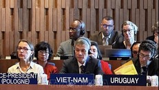 Trợ lý Bộ trưởng Ngoại giao Nguyễn Minh Vũ (giữa) phát biểu tại Phiên khai mạc Kỳ họp lần thứ 217 Hội đồng Chấp hành UNESCO. Ảnh: TTXVN 