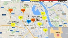 Bản đồ chỉ số ô nhiễm không khí ở thành phố Hà Nội. Nguồn: Moitruongthudo.com.