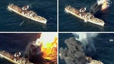 Khoảnh khắc tên lửa Triều Tiên bắn trúng mục tiêu tàu chiến địch giả định. Ảnh: KCTV