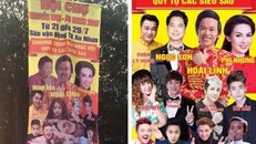 Tấm poster gây tranh cãi trên mạng (trái) với hình ảnh Minh Béo được ghép vào vị trí gương mặt nghệ sĩ Ngọc Sơn.