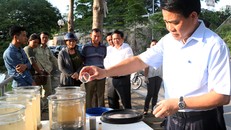 Chủ tịch Nguyễn Đức Chung kiểm tra các mẫu nước. Ảnh: VnExpress