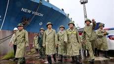 Phó Thủ tướng Trịnh Đình Dũng kiểm tra khu vực neo đậu tàu thuyền vào tránh trú bão tại Công ty TNHH Một thành viên Đóng tàu Hạ Long, Quảng Ninh. Ảnh: TTXVN