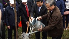 Ông Trần Quốc Vượng (bìa phải) cùng các đại biểu trồng cây xanh tại lăng Kinh Dương Vương. Ảnh: Thế Anh