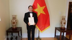 Đại sứ Phạm Cao Phong trình Thư ủy nhiệm lên Toàn quyền Julie Payette theo hình thức trực tuyến. (Ảnh: TTXVN/phát)