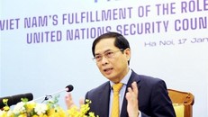 Bộ trưởng Ngoại giao Bùi Thanh Sơn chủ trì họp báo quốc tế về việc Việt Nam hoàn thành nhiệm kỳ Ủy viên không thường trực Hội đồng Bảo an Liên hợp quốc nhiệm kỳ 2020-2021. (Ảnh: Lâm Khánh/TTXVN)