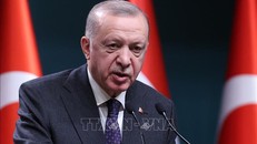 Tổng thống Thổ Nhĩ Kỳ Recep Tayyip Erdogan phát biểu tại cuộc họp báo ở Ankara. Ảnh: AFP/TTXVN