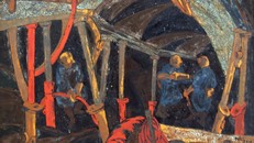  Những người thợ vất vả trong đường lò chật hẹp trong bức tranh sơn mài "Hầm lò".