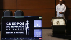 Hài cốt của một sinh vật được cho là ''không phải con người'' được trưng bày trong cuộc họp của quốc hội Mexico. Ảnh: Reuters