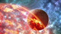 Ảnh minh họa về khoảnh khắc hành tinh giả thuyết kích cỡ Sao Hỏa va chạm và bị trái đất cổ đại đầy mắc ma nuốt trọn - Ảnh: SHUTTERSTOCK