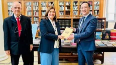 Đại sứ Dương Hải Hưng trao tặng sách cho Thứ trưởng Bộ Văn hóa Síp, bà Vasiliki Kassianidou. Ảnh do Đại sứ quán cung cấp/TTXVN phát