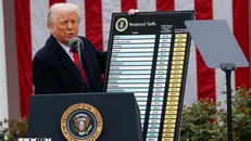 Tổng thống Mỹ Donald Trump công bố các mức thuế đối ứng mới tại Nhà Trắng. Ảnh: Reuters/TTXVN.