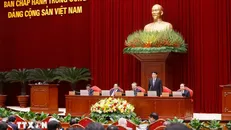 Ủy viên Bộ Chính trị, Chủ tịch nước Lương Cường điều hành Phiên khai mạc Hội nghị lần thứ 11 Ban Chấp hành Trung ương Đảng khóa XIII. Ảnh: TTXVN.