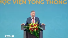 Tổng Bí thư Tô Lâm phát biểu Chính sách tại Học viện Tổng thống Nga. Ảnh: TTXVN 