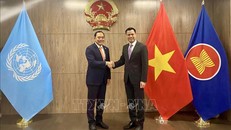 Đại sứ Đặng Hoàng Giang (phải) và ông Ly Thuch, Bộ trưởng cấp cao, Phó Chủ tịch thứ nhất Cơ quan Bom mìn và Hỗ trợ nạn nhân Campuchia, Chủ tịch Hội nghị kiểm điểm lần thứ năm Công ước quốc tế về cấm mìn sát thương tại buổi gặp. Ảnh: Quang Huy/PV TTXVN tại Hoa Kỳ