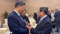 Thủ tướng Phạm Minh Chính gặp Tổng Bí thư, Chủ tịch nước Trung Quốc Tập Cận Bình. Ảnh: TTXVN phát