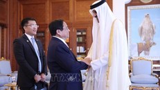 Thủ tướng Phạm Minh Chính chào Quốc vương Qatar Tamim bin Hamad Al Thani. Ảnh: Dương Giang/TTXVN