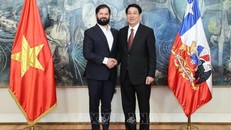 Chủ tịch nước Lương Cường và Tổng thống Chile Gabriel Boric Font chụp ảnh chung trước hội đàm. Ảnh: Lâm Khánh/TTXVN