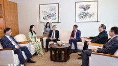 Tiến sỹ Wan Rizal, Nghị sỹ, thành viên Nhóm Nghị sỹ Hữu nghị Singapore-Đông Nam Á, Đại sứ Mai Phước Dũng và cán bộ Đại sứ quán Việt Nam tại Singapore đón Chủ tịch Quốc hội Trần Thanh Mẫn và Phu nhân tại sân bay Changi. Ảnh: Doãn Tấn/ TTXVN