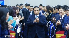 Thủ tướng Phạm Minh Chính tới dự Hội nghị triển khai nhiệm vụ năm 2025 của Đài Truyền hình Việt Nam. Ảnh: Dương Giang/TTXVN