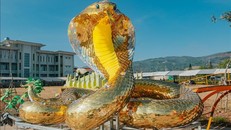 Linh vật rắn do nghệ nhân Đinh Văn Tâm (33 tuổi) cùng đội ngũ sáng tạo được đặt tại trung tâm thị trấn Lao Bảo, huyện Hướng Hoá. Ảnh: Thanh Thủy/TTXVN