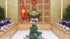 Thủ tướng Phạm Minh Chính tiếp ông Chey Tae-won, Chủ tịch Tập đoàn SK, kiêm Chủ tịch Phòng Công nghiệp và Thương mại Hàn Quốc. Ảnh: Dương Giang/TTXVN