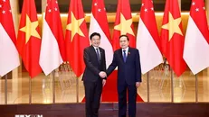 Chủ tịch Quốc hội Trần Thanh Mẫn hội kiến Thủ tướng Singapore Lawrence Wong. Ảnh: Doãn Tấn/TTXVN