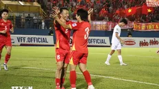 Chiến thắng trước Lào giúp Tuyển Việt Nam thăng tiến trên bảng xếp hạng FIFA. Ảnh: Văn Hướng/TTXVN